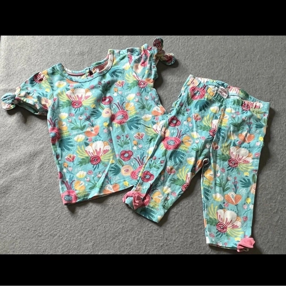 Ruffle Butts Pajama Set Girls 12-24 Months Floral Teal Ruffle Shirt Pants Bows